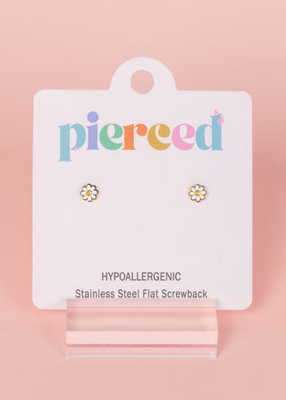 Pierced Co. White Tiny Daisy Earrings
Earring packaging with 'pierceed' branding on a pink background