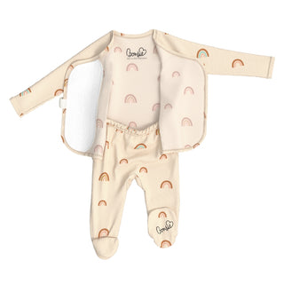 Bonsie Footie - Little Wishes
A baby footed sleeper set by Bonite, featuring a cream-colored long-sleeve sleeper with a rainbow pattern, a matching footed sleeper, and a white insert pad, laid flat on a white background.