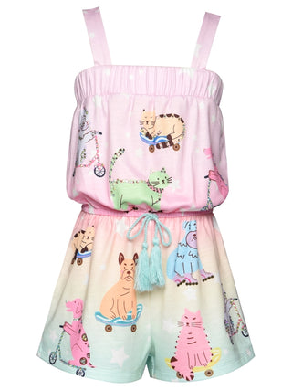 Baby Sara baby romper with playful dog print, soft fabric, and short sleeves perfect for warm weather.