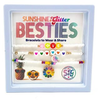 Sunshine & Glitter Besties bracelet set featuring colorful friendship bracelets with love-themed charms and beads.