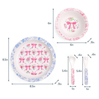 Itzy Ritzy Itzy Bistro™ Dining Set - Ribbons & Roses
Set of children's plates and cutlery with floral and bow design, including measurements.