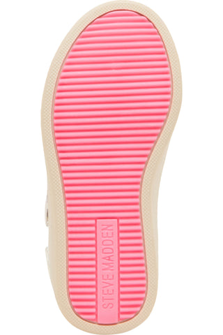 Steve Madden Toddler Fetti Sneaker
A top-down view of a shoe sole showing a bright pink ribbed tread with the brand name 'STEVENMADDEN' printed vertically, bordered by a light beige edge.