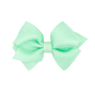 Extra small pink grosgrain ribbon hair bow clip by Wee Ones, featuring a delicate overlay design for children's hairstyles.