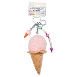 Iscream Ice Cream Bag Charm
A plush ice cream cone keychain charm with a pink fuzzy scoop, tan waffle-cone base, and silver key ring, shown hanging from a white retail card on a white background.