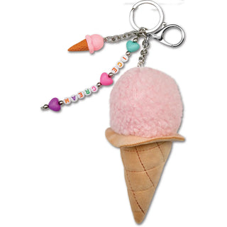 Iscream Ice Cream Bag Charm
A plush ice cream cone keychain with a soft pink fuzzy scoop, a tan textured cone, silver key rings, and a beaded charm spelling 'ICE CREAM' with pastel heart and bead accents, shown on a plain white background.