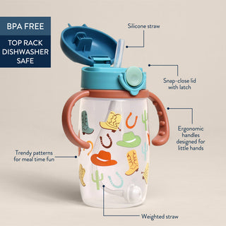 Itzy Ritzy Itzy Sips™ Straw Cup - Giddy Up
Children's sippy cup with cowboy pattern and features labeled on a beige background