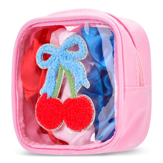 Set of Iscream Cherry on Top scrunchies featuring vibrant cherry-themed fabric in large and small sizes for hair accessories.