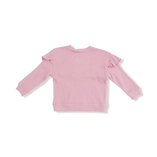 Angel Dear V- Ruffle Waffle Top and Rib Flare Pant Set - Petite Cowgirl Boots
Pink long-sleeve top with ruffled shoulders on a white background