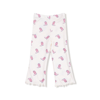 Angel Dear V- Ruffle Waffle Top and Rib Flare Pant Set - Petite Cowgirl Boots
White pants with pink boot pattern on a white background