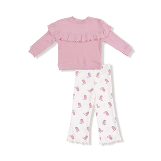 Angel Dear V- Ruffle Waffle Top and Rib Flare Pant Set - Petite Cowgirl Boots Pink ruffled top and white pants with pink boot pattern on a white background