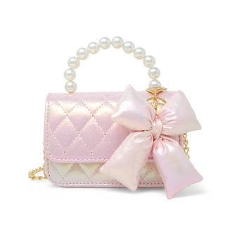 Zomi Gems Shiny Quilted Fluffy Bow Handbag - Pink
Pink quilted handbag with pearl handle and large bow on a white background