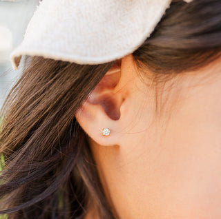Cherished Moments Kids 14K gold clear CZ earrings with screw back closures, featuring sparkling cubic zirconia stones.