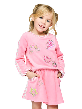 Baby Sara Pink Velour Long Sleeve Top with Rhinestone Detail
Young girl wearing a pink outfit with decorative elements on a light gray background