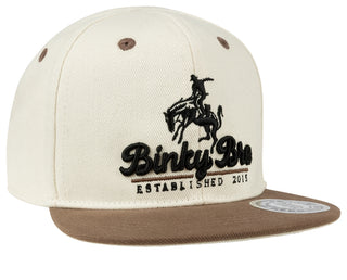 BinkyBro Kids Payson Hat
Beige and brown cap with 'Binky Bly' logo and text on a white background