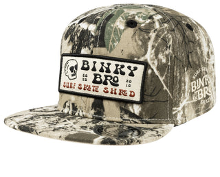 BinkyBro Kids Tiree Camo Hat
Camouflage cap with a patch labeled 'Binky Bro' on a white background