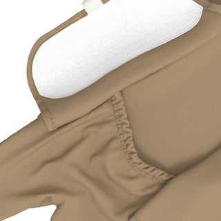 Bonsie Footie - MochaClose-up of beige shorts on a hanger with a white background