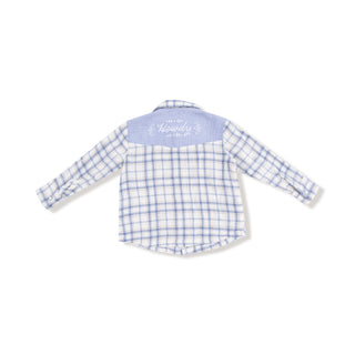 Angel Dear Long Sleeve Western Pearl Snap Shirt - Blue Plaid
Blue and white checkered shirt with branding on a white background