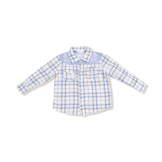 Angel Dear Long Sleeve Western Pearl Snap Shirt - Blue Plaid
Blue and white checkered shirt on a white background