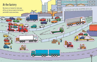 First Sticker Book Trucks Activity Book
Illustration of a factory scene with trucks, cars, and workers.