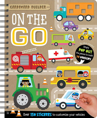 Cardboard Builder on the Go Hardcover Book
Children's activity book titled 'On the Go' with vehicle illustrations and a hand holding a piece of cardboard.