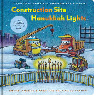Construction Site Hanukkah Lights: A Hanukkah Lift-the-Flap Board Book
Book cover of 'Construction Site Hanukkah Lights' with cartoon vehicles and Hanukkah menorah.