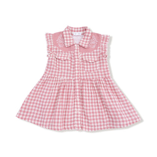 Angel Dear Western Pearl Snap Dress - Rose Pink Plaid
Pink gingham dress on a white background