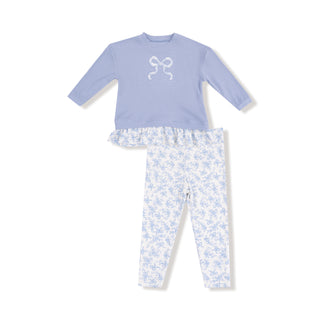 Angel Dear Waffle Pullover With Ruffle & Ribbed Legging Set - Romi Floral
Children's pajama set with blue top and floral pants on a white background