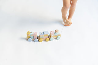 Kalencom Wooden Train
Pastel-colored wooden toy train on a white background