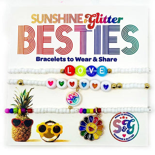 Sunshine & Glitter Besties Bracelet Set featuring colorful beaded bracelets with love-themed charms and vibrant designs.