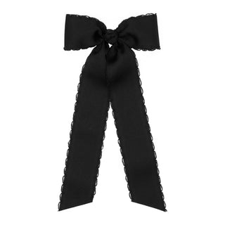 Wee Ones Medium Moonstitch grosgrain streamer hair bow on clip, black fabric with decorative stitching for children's hairstyles.