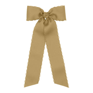 Wee Ones medium Moonstitch grosgrain streamer hair bow on clippie in kakhi, featuring a stylish and playful accessory for children.