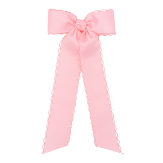 Pink Wee Ones Medium Moonstitch Grosgrain Streamer Hair Bow on Clippie Pink bow with long tails on a white background