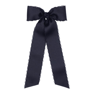 Wee Ones medium Moonstitch grosgrain streamer hair bow on clippie, navy blue with stitched detailing, for young children's hairstyles.