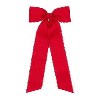 Red Wee Ones Medium Moonstitch Grosgrain Streamer Hair Bow on Clippie 
Red bow with lace detailing on a white background