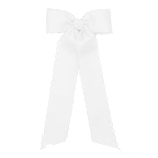 White Wee Ones Medium Moonstitch Grosgrain Streamer Hair Bow on Clippie White bow headband on a white background