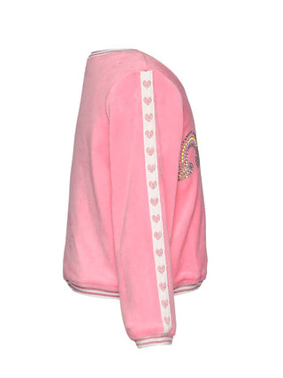 Baby Sara Pink Velour Long Sleeve Top with Rhinestone Detail
Pink sweatshirt with heart designs on a white background