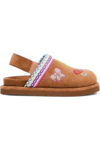 Steve Madden Toddler Chip Faux Suede Clog - Cognac Multi
A single brown suede slip-on clog sandal with a colorful braided strap and embroidered details on the side, shown against a plain white background.