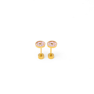 Pip Pop Post Earrings - Donut Stud
Gold stud earrings with pink heart designs on a white background