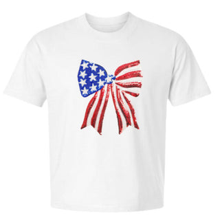 Sweet Wink Patriotic Sequin Bow Patch Adult Short Sleeve T-Shirt - White
