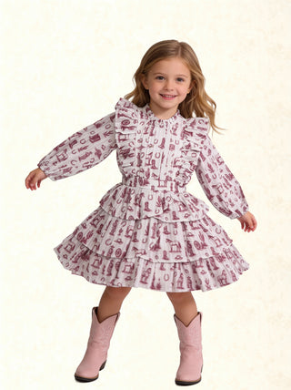 Girls Rebecca dress by Alto Modas in Western Toile Pink featuring a comfortable and stylish pink dress with western-inspired pattern.