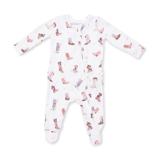 Angel Dear 2 Way Ruffle Back Zipper Footie - Buckarette Boots
Baby onesie with cowboy boot pattern on a white background