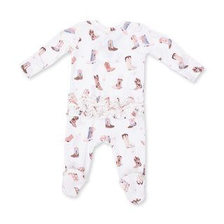 Angel Dear 2 Way Ruffle Back Zipper Footie - Buckarette Boots
Baby onesie with cowboy boot pattern on a white background
