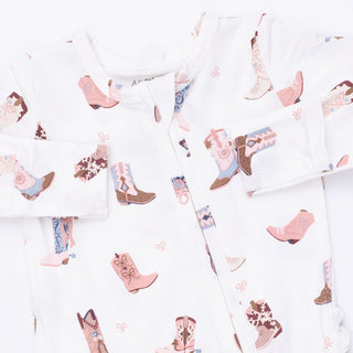 Angel Dear 2 Way Ruffle Back Zipper Footie - Buckarette Boots
Pattern of cowboy boots on a white background