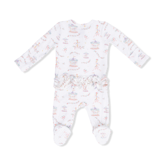 Angel Dear 2 Way Ruffle Back Zipper Footie - Carousel with Bows
Baby onesie with animal pattern on a white background