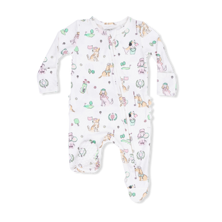 Angel Dear 2 Way Ruffle Back Zipper Footie - Country Club Dogs Pink
Baby onesie with colorful animal pattern on a white background