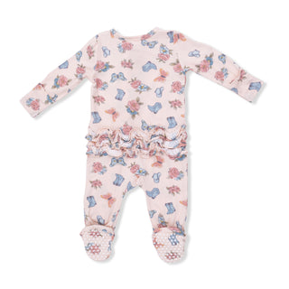 Angel Dear 2-way ruffle back zipper footie in country girl boots print, soft fabric and cute design for babies.