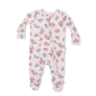 Angel Dear 2 Way Ruffle Back Zipper Footie in Country Girl Boots pattern, featuring soft fabric and stylish ruffle details.
