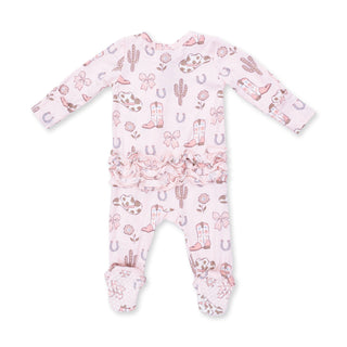 Angel Dear 2 Way Ruffle Back Zipper Footie - Cowgirl Boots and Bows
Baby onesie with pink desert-themed pattern on a white background