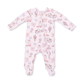 Angel Dear 2 Way Ruffle Back Zipper Footie - Cowgirl Boots and Bows
Baby onesie with pink and purple patterns on a white background