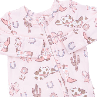 Angel Dear 2 Way Ruffle Back Zipper Footie - Cowgirl Boots and Bows
Pink children's pajama set with cowboy-themed patterns on a white background